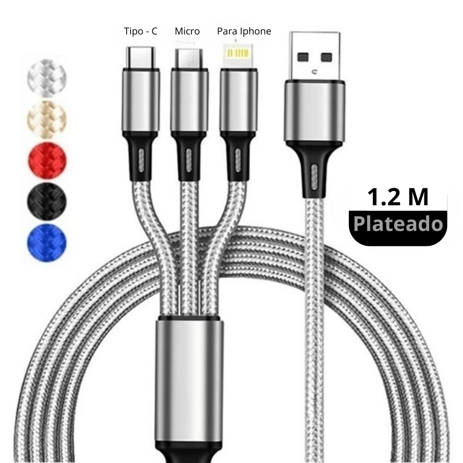 Cable de Carga Rápida 3 en 1 | Compatible con iPhone, USB-C y Micro-USB | Durable y Sin Enredos