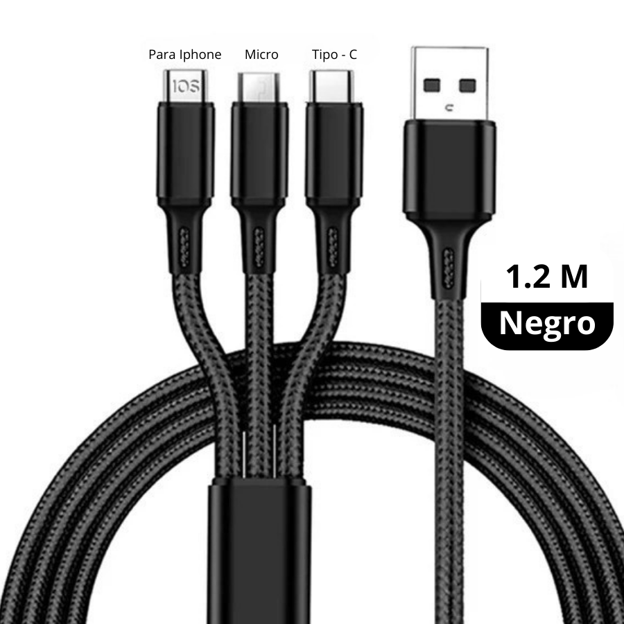 Cable de Carga Rápida 3 en 1 | Compatible con iPhone, USB-C y Micro-USB | Durable y Sin Enredos