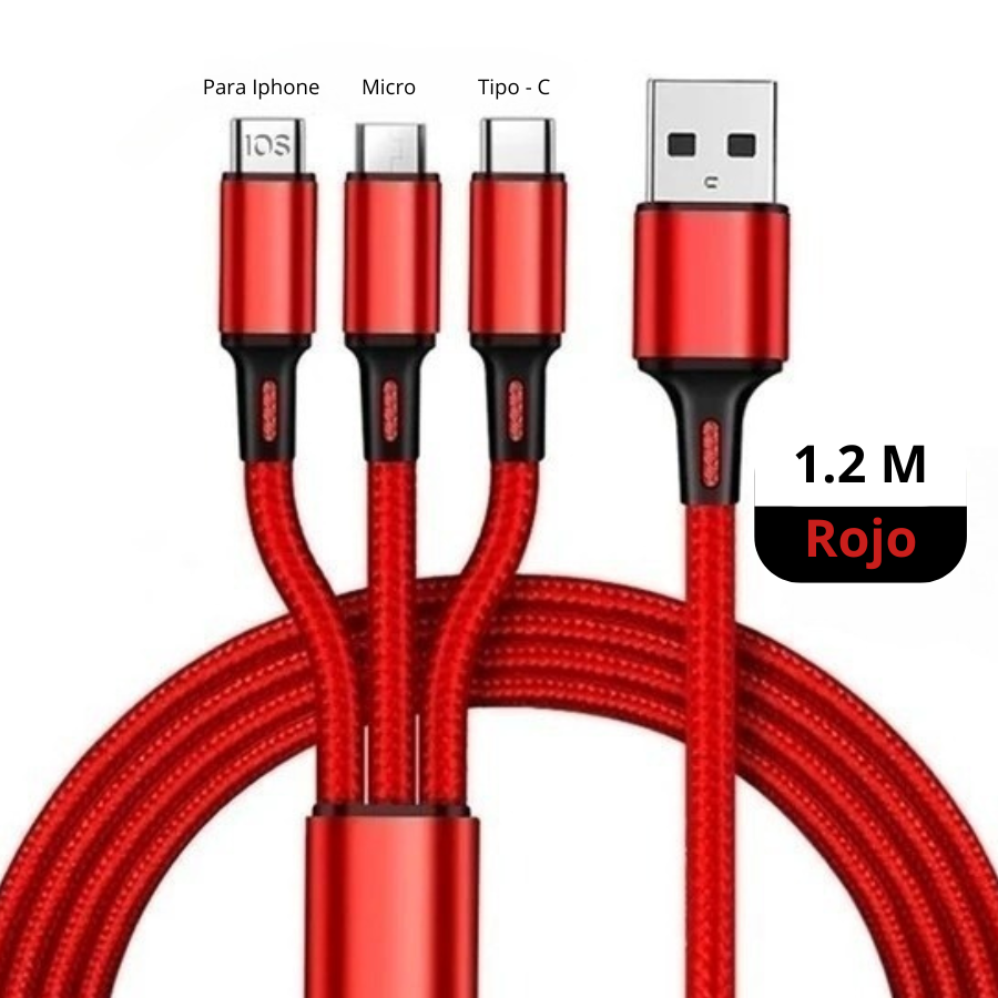 Cable de Carga Rápida 3 en 1 | Compatible con iPhone, USB-C y Micro-USB | Durable y Sin Enredos