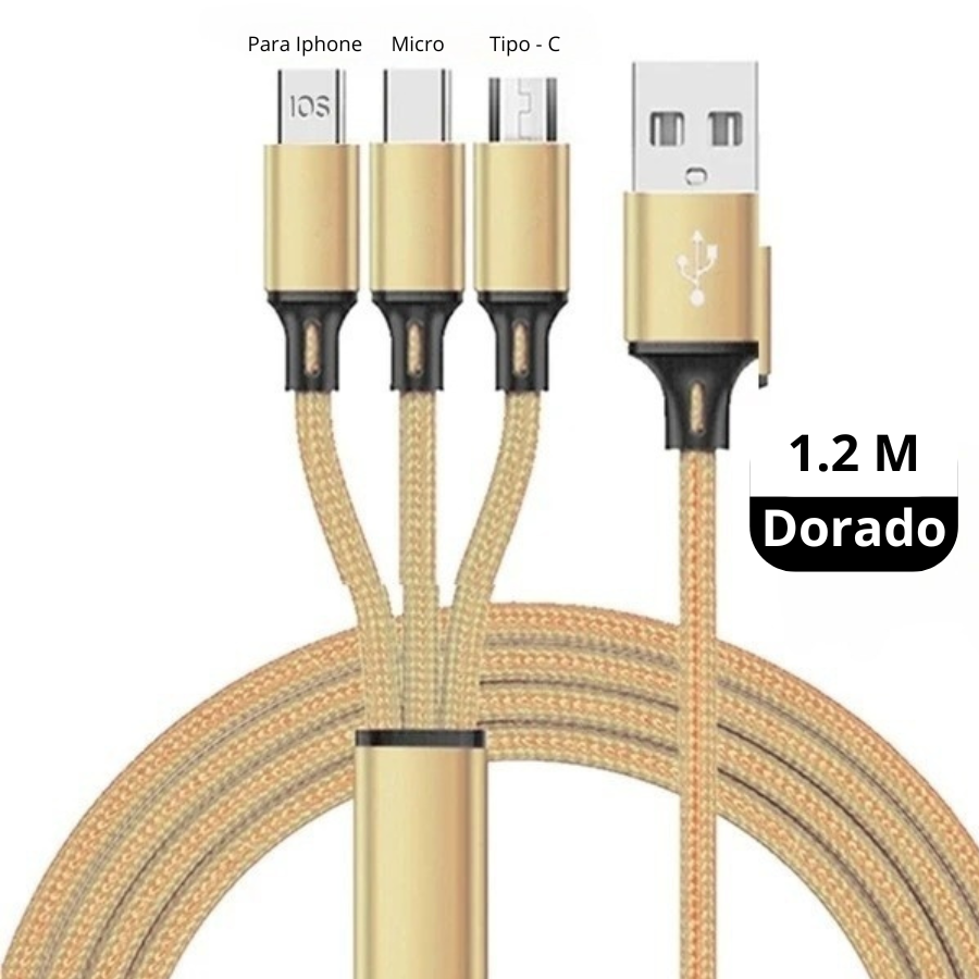 Cable de Carga Rápida 3 en 1 | Compatible con iPhone, USB-C y Micro-USB | Durable y Sin Enredos