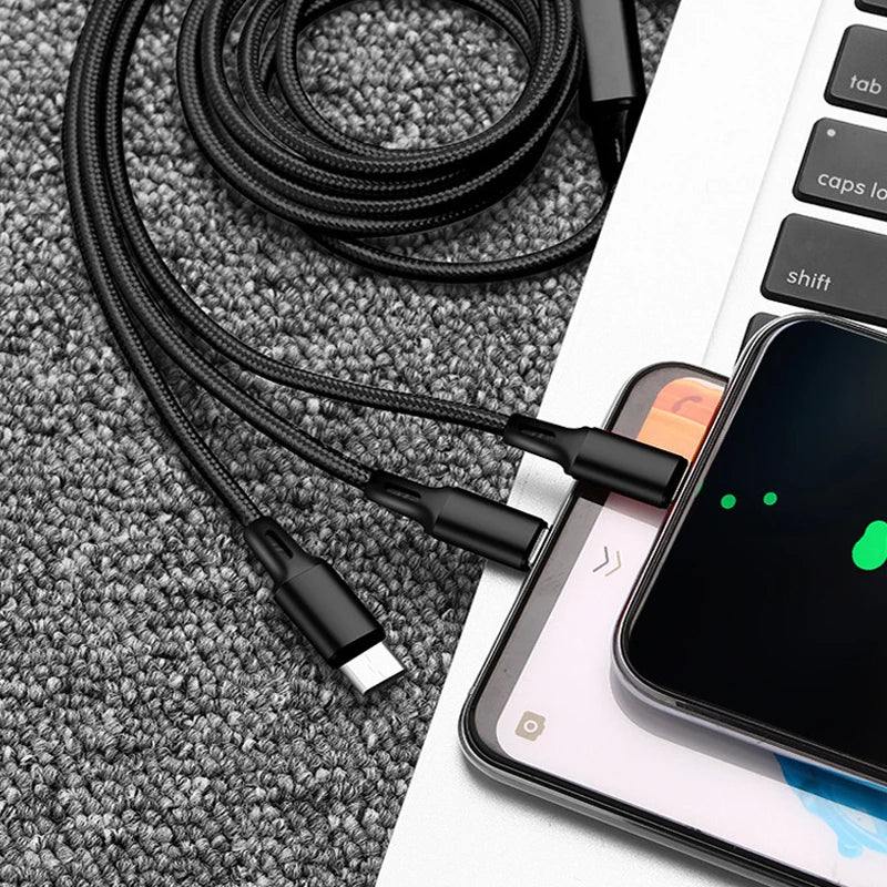 Cable de Carga Rápida 3 en 1 | Compatible con iPhone, USB-C y Micro-USB | Durable y Sin Enredos